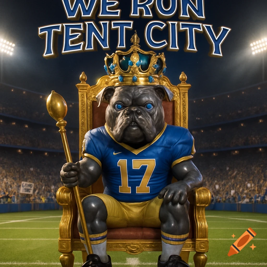 Regal gray bulldog mascot in football uniform, crown, and scepter, on a golden throne in a stadium. Text: WE RUN TENT CITY.