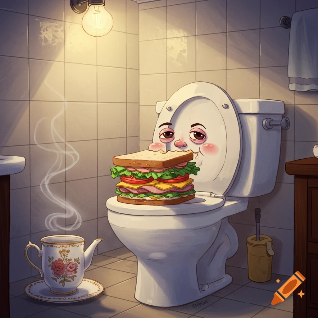 Cartoon anthropomorphic toilet with a face eating a tall sandwich, a steaming teapot on the floor, in a warmly lit bathroom.