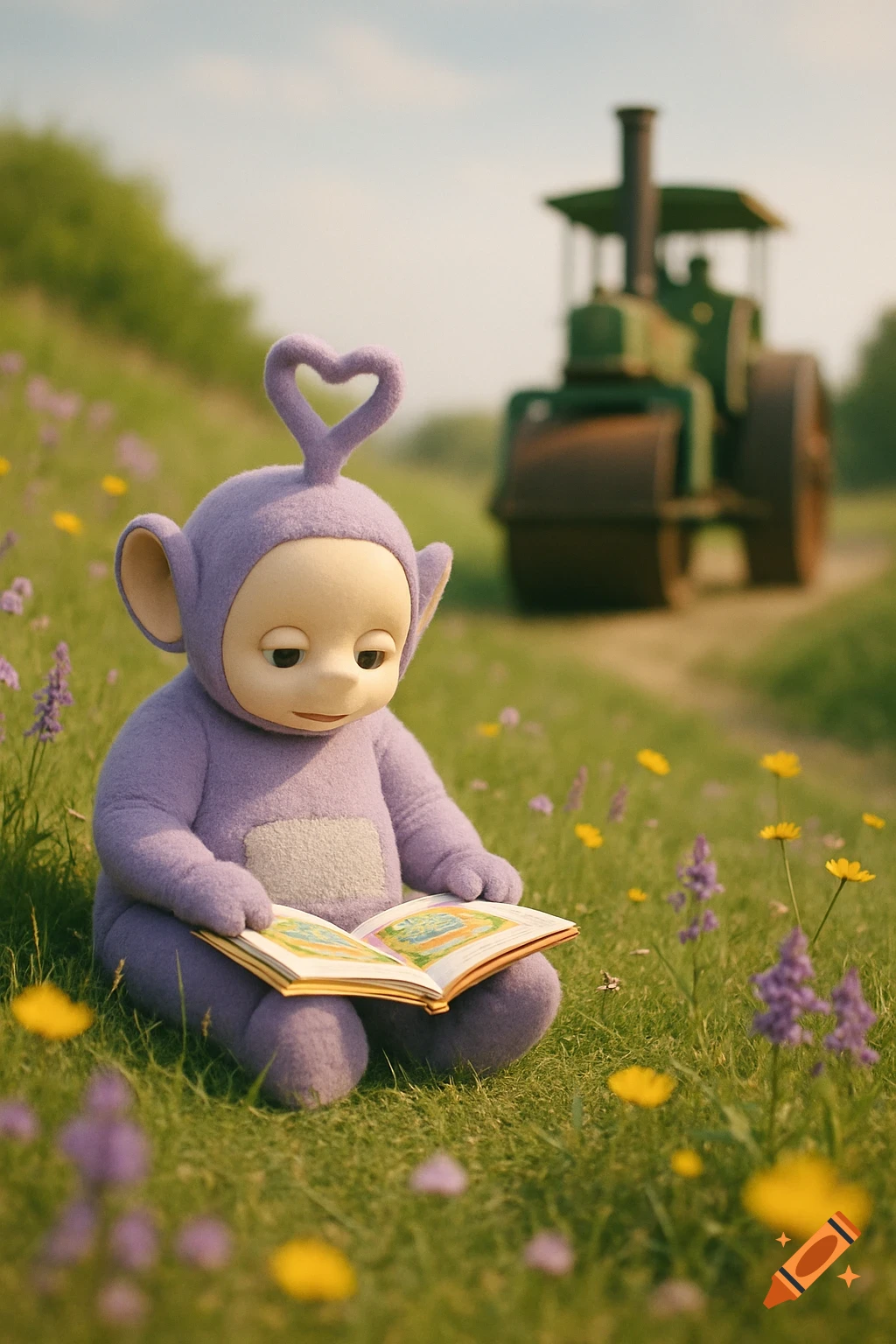 A purple Teletubby with a heart antenna sits in a grassy field among wildflowers, engrossed in a picture book, with a blurred green steamroller in the background.