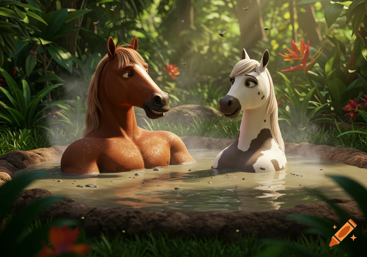 Two smiling anthropomorphic horses, a muscular male and a female, relax in a steaming mud hot tub in a lush 3D animated jungle.
