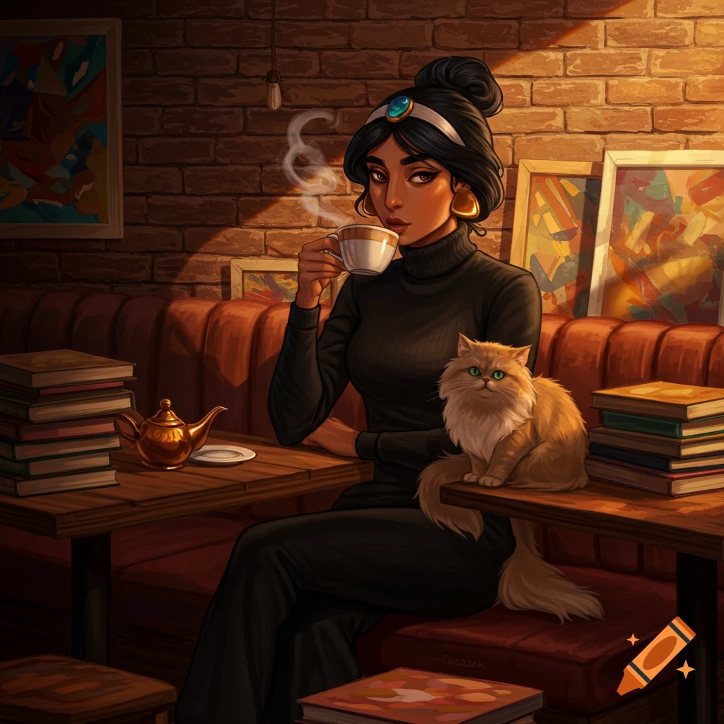 Princess Jasmine in a black turtleneck sips from a teacup in a cozy, brick-walled cafe, with a fluffy ginger cat sitting next to her on the table.