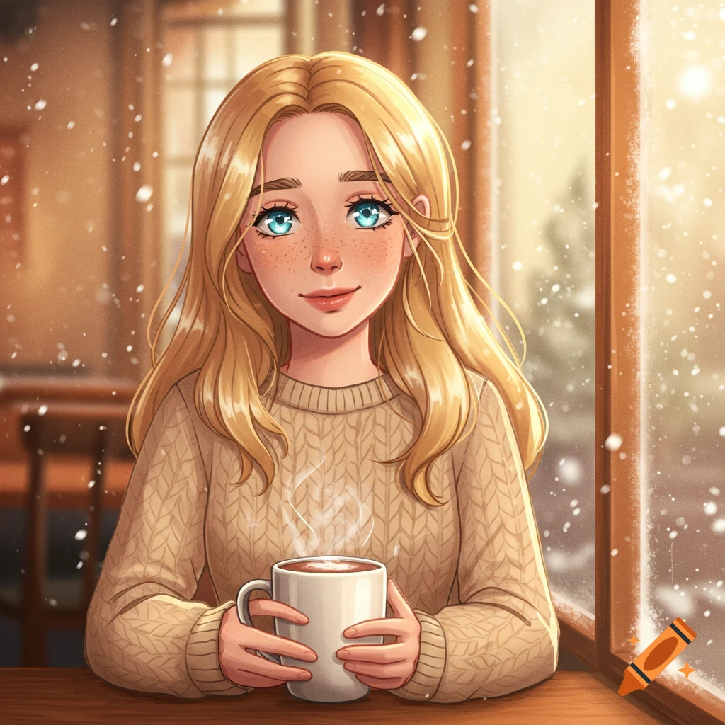 Anime-style woman with golden hair and freckles, wearing a beige sweater, holding a steaming mug in a snowy cafe.