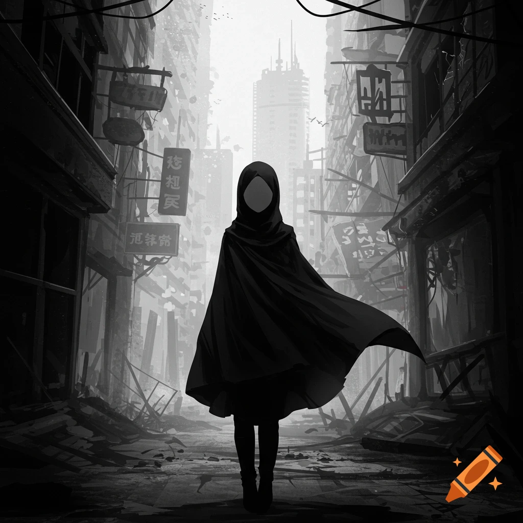 A faceless figure in a black hijab and cloak stands in a ruined, grayscale anime city.