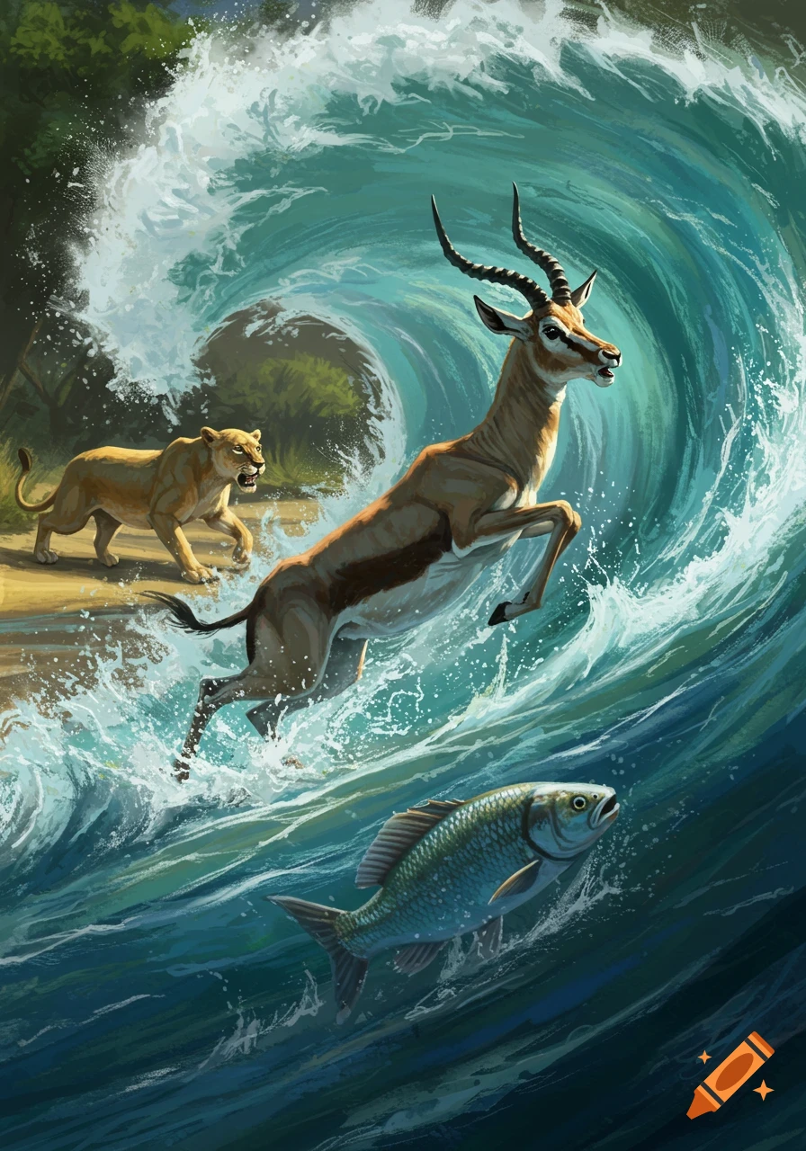 An illustration of a gazelle leaping into a huge ocean wave to escape a roaring lioness on the shore, with a fish swimming below.