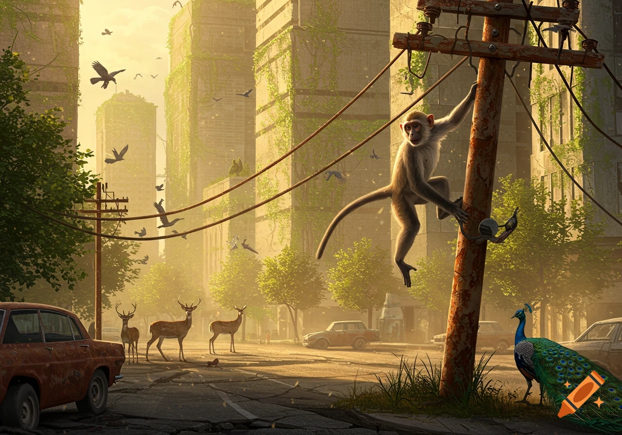 A monkey climbs a pole in a sunlit, overgrown post-apocalyptic city with deer, a peacock, and abandoned cars.