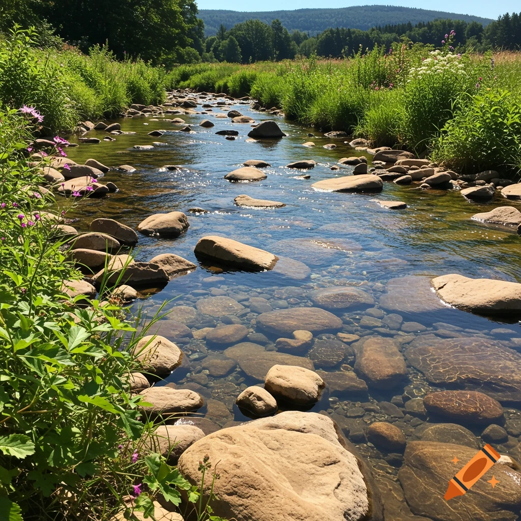 A clear river with visible rocks on its bed, flowing through lush green banks with scattered wildflowers under a bright blue sky.