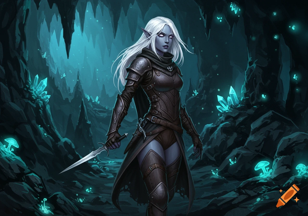 A white-haired Drow rogue in dark armor holding a dagger stands in a glowing crystal cave.