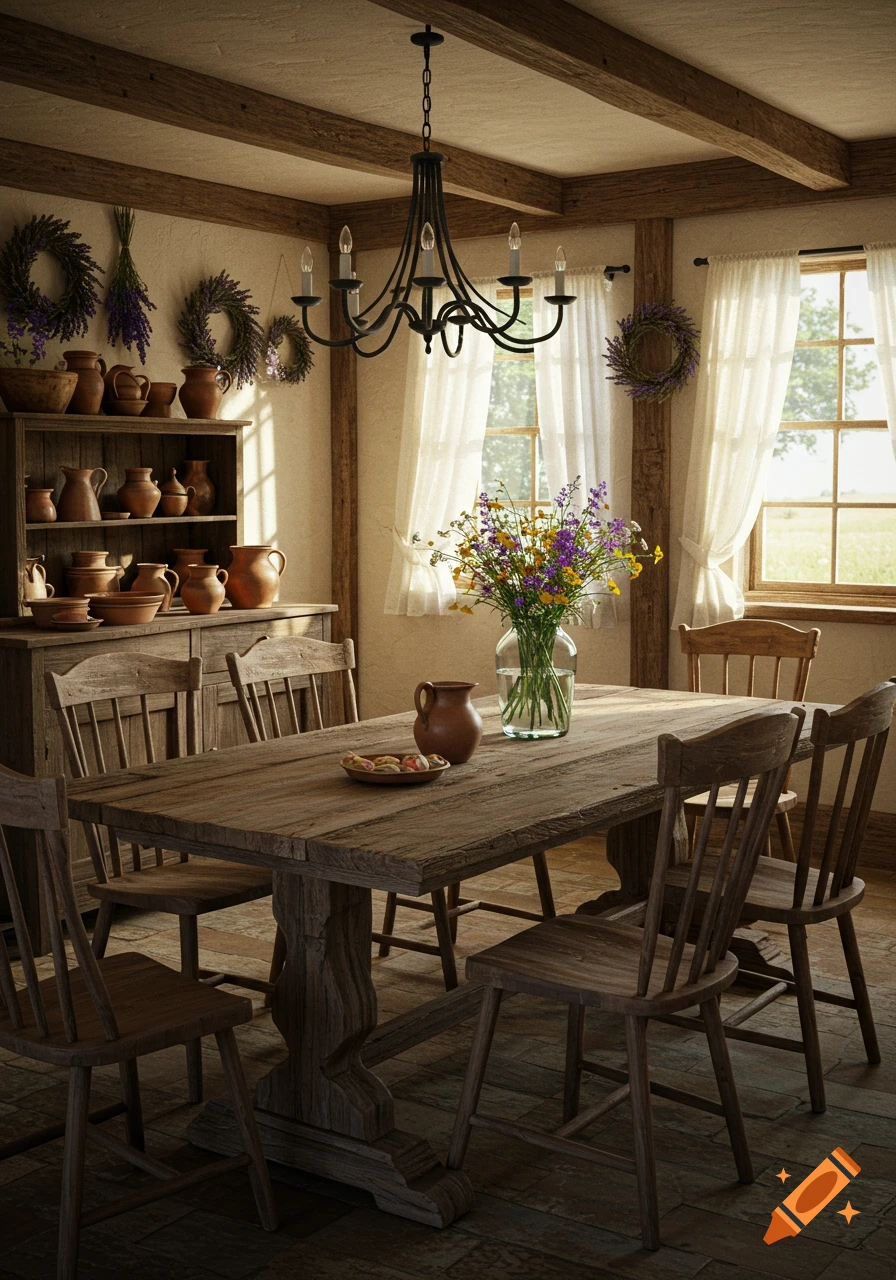 Rustic farmhouse dining room with a large wooden table, chairs, a hutch with pottery, and wildflowers in a vase, bathed in sunlight.