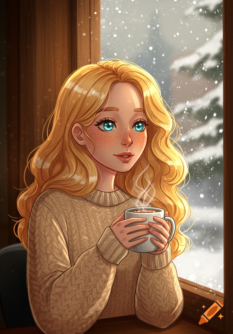 Anime woman with golden wavy hair and freckles, wearing a beige knit sweater, holding a steaming mug of hot cocoa while looking out a snowy window.