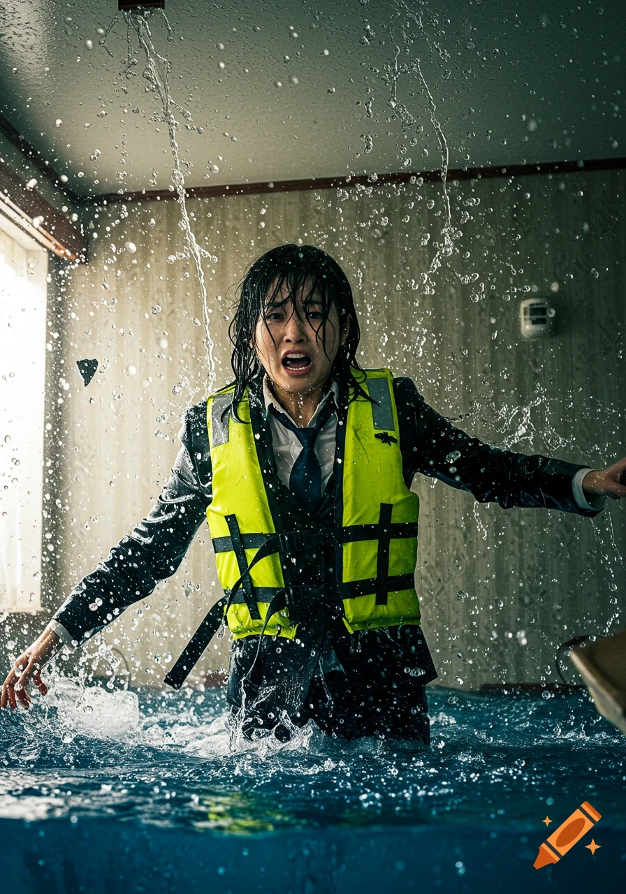 A screaming Asian woman in a black suit and yellow life jacket, waist-deep in a flooded room with water pouring from the ceiling, looks terrified.
