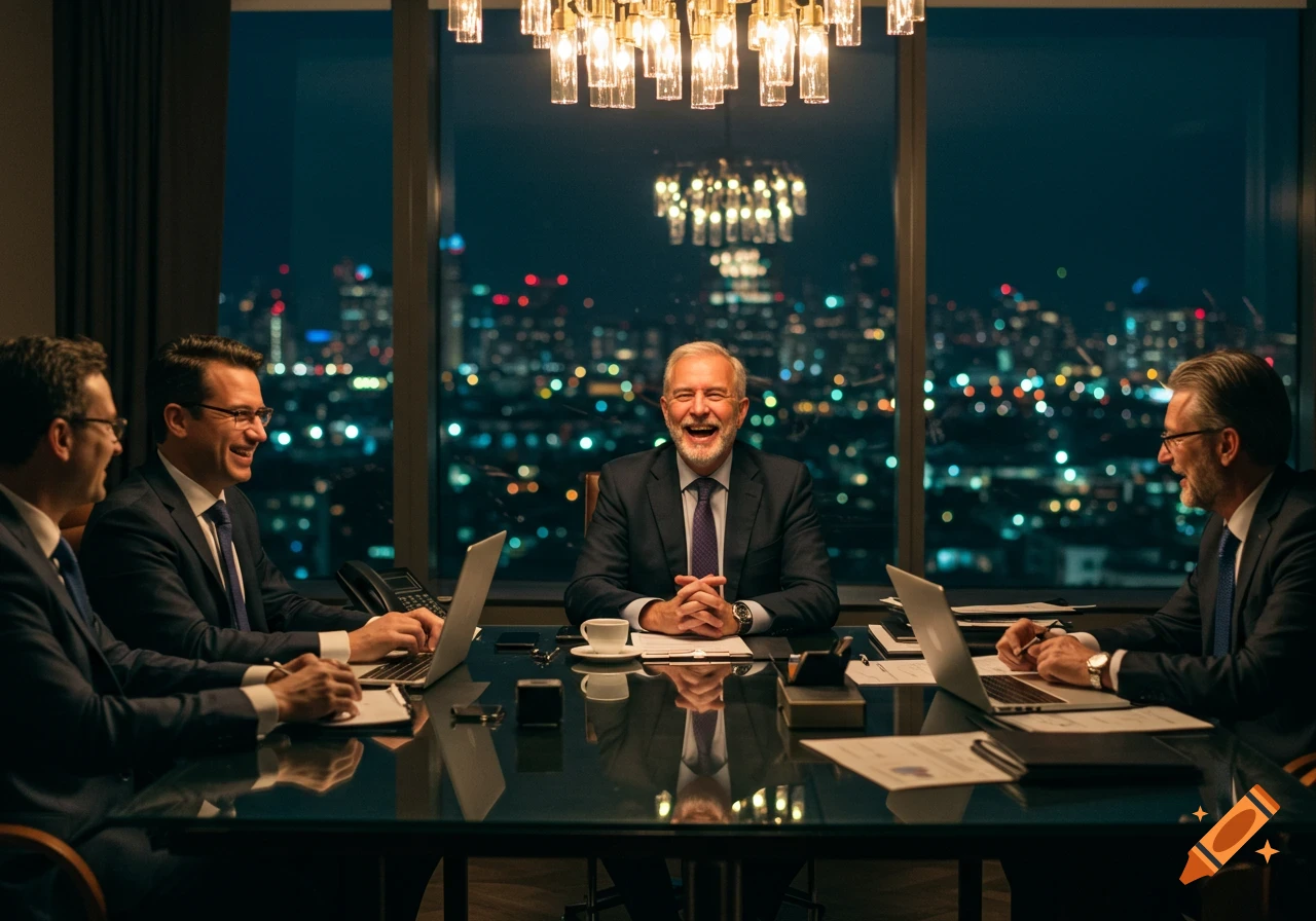 Four smiling businessmen in suits sit around a large table during a night meeting with a city skyline visible through the window.