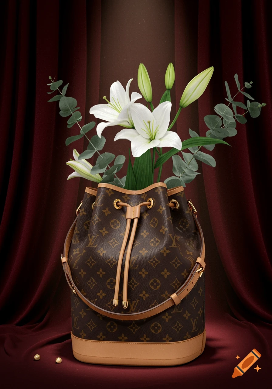 Louis Vuitton monogram bucket bag with white lilies and eucalyptus branches against a dark red draped background, photorealistic.