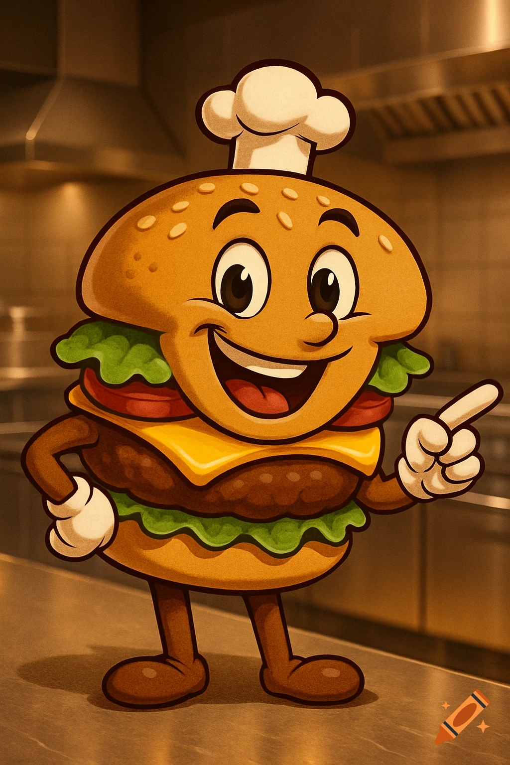 Cartoon burger mascot with a chef's hat smiling and pointing in a kitchen.
