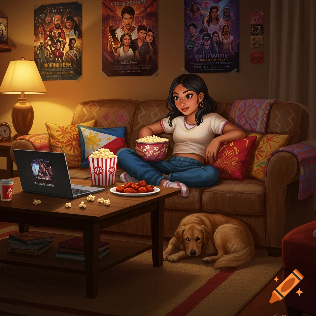 An illustration of a young woman sitting cross-legged on a couch, holding a bowl of popcorn and watching a laptop. A golden retriever lies on the floor, and a table with snacks is in front of her.