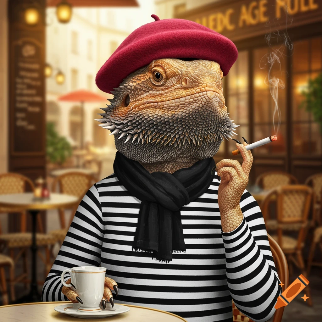 An anthropomorphic bearded dragon in a red beret, striped shirt, and black scarf sits at a cafe table, smoking a cigarette and holding a coffee cup.