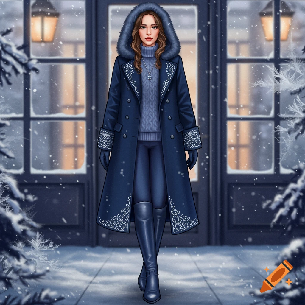 A woman in a blue fur-hooded winter coat, sweater, leggings, and boots stands in a snowy scene in front of a building. Illustration style.