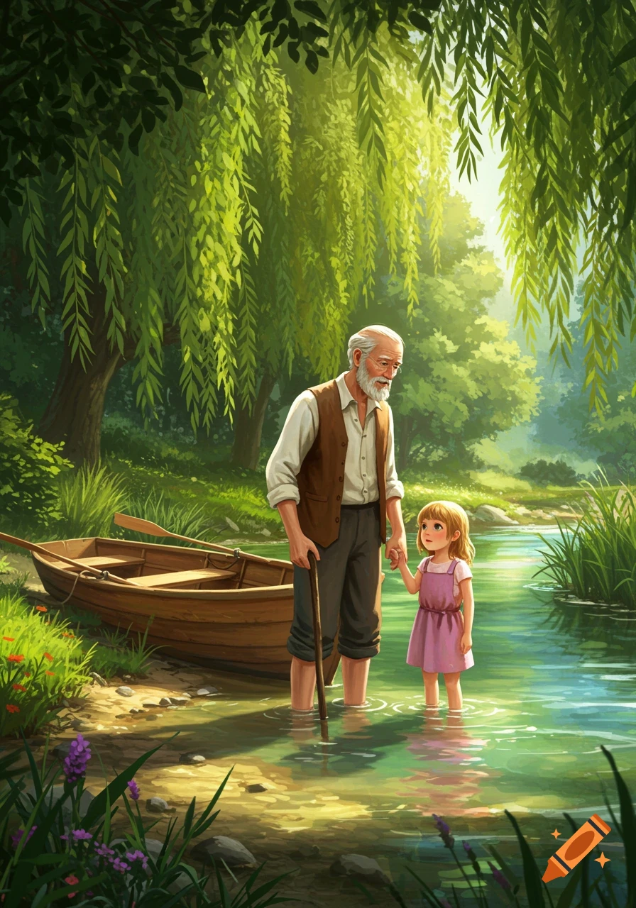 Illustrative scene of an old man and a young girl holding hands, standing in a sunlit river with a boat on the bank.
