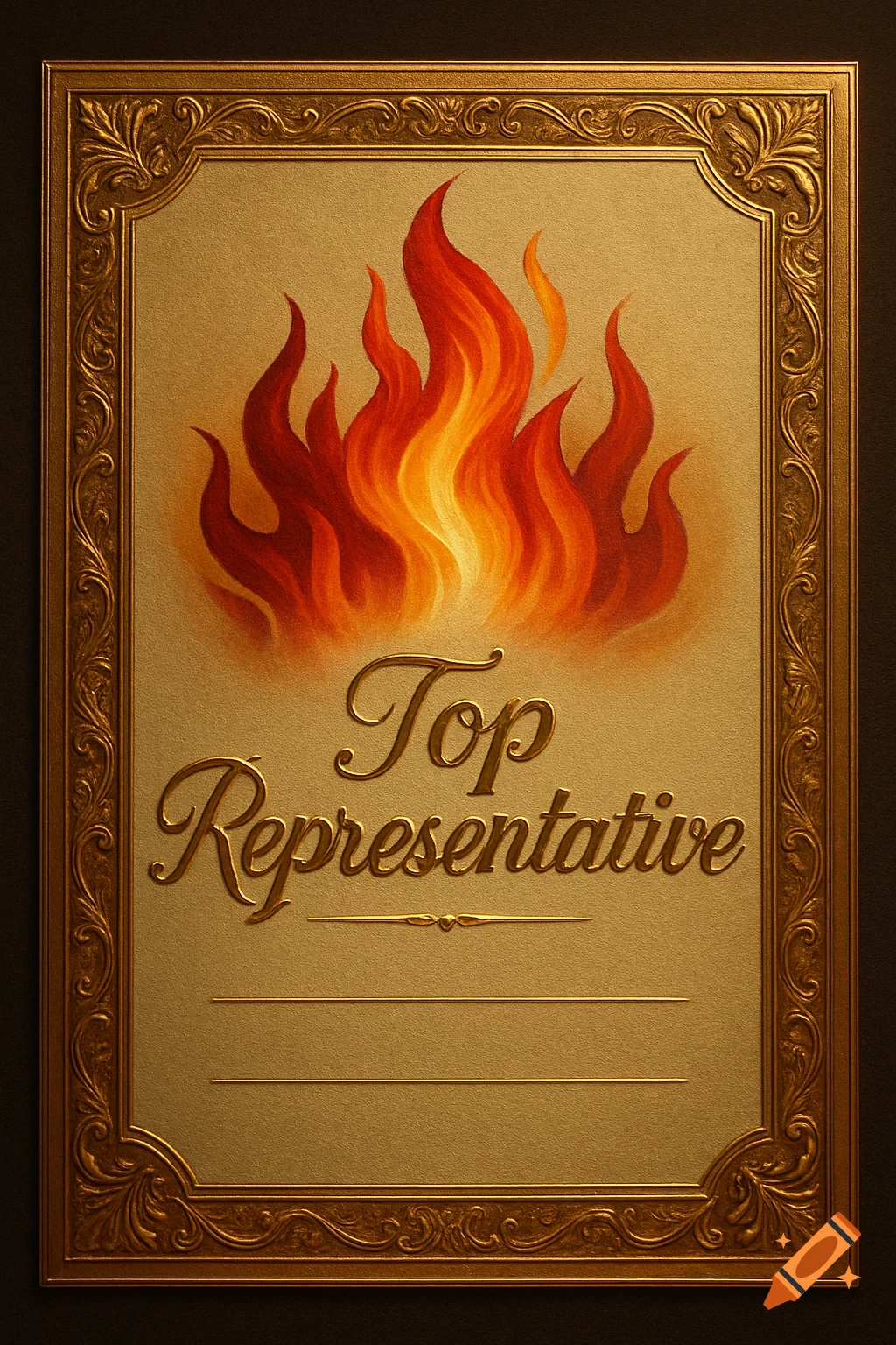 A golden framed award certificate featuring stylized orange and red flames at the top, with the embossed text 'Top Representative' below.