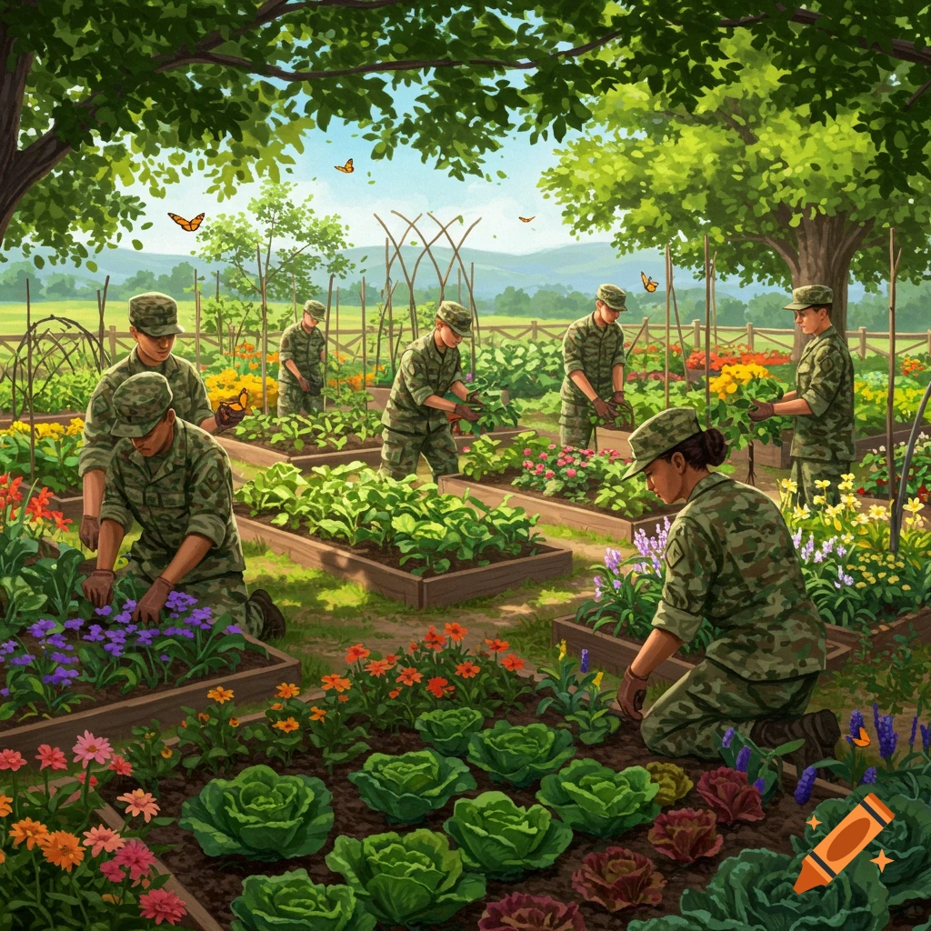 An illustrative painting shows several soldiers in camouflage uniforms tending to plants and flowers in a vibrant garden with raised beds.