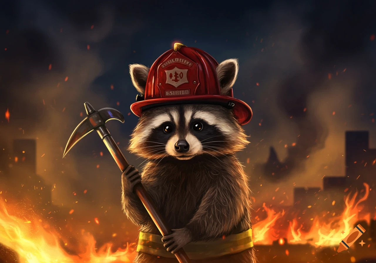A cute raccoon wearing a red firefighter helmet and holding a pike pole stands in front of a burning city.