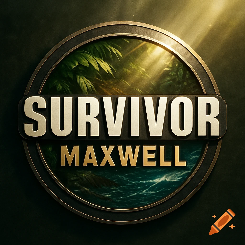 A bronze and gold logo for 'Survivor Maxwell' featuring a jungle and ocean scene within a circular emblem.