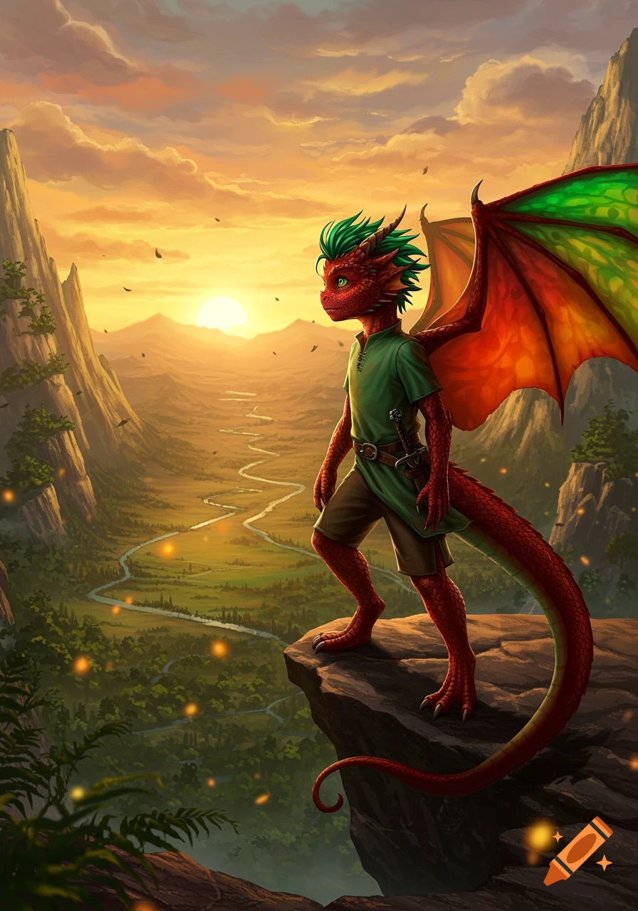 A red dragon-boy with green hair and wings stands on a cliff overlooking a winding river valley at sunset, fantasy art.