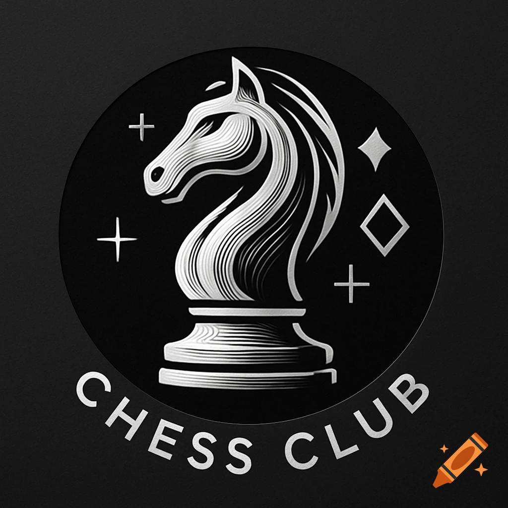 A black and white logo featuring a stylized chess knight surrounded by sparkling elements, with the words 'CHESS CLUB' beneath it.