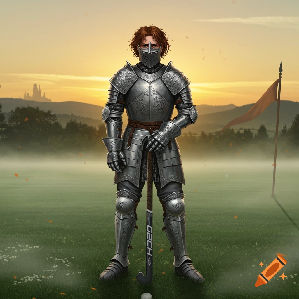 A fantasy knight in full plate armor stands in a grassy field at sunset, holding a field hockey stick.