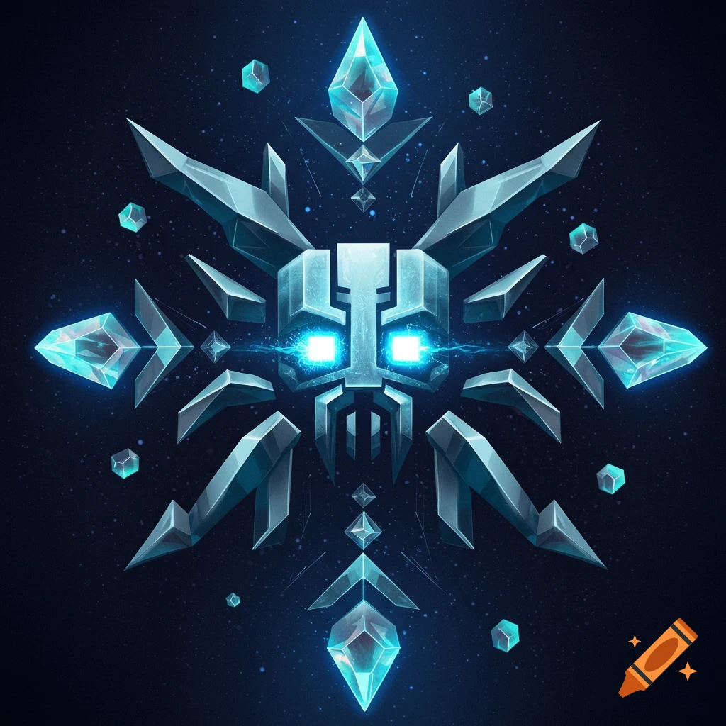 A stylized, glowing blue and silver crystalline sigil resembling a skull or mask against a dark, starry background.