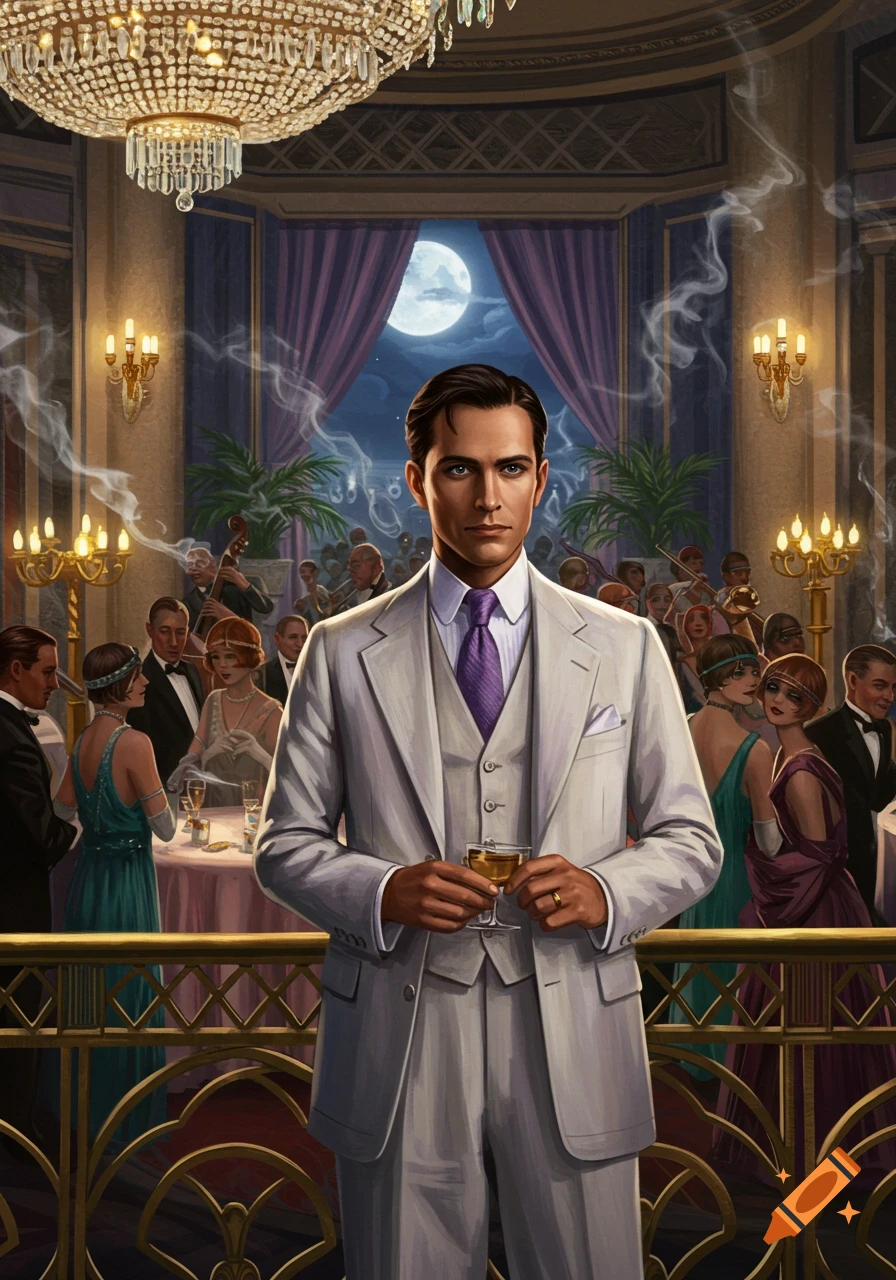 A man in a light suit with a purple tie holds a drink at a lavish Art Deco party, with guests and a moonlit window in the background.