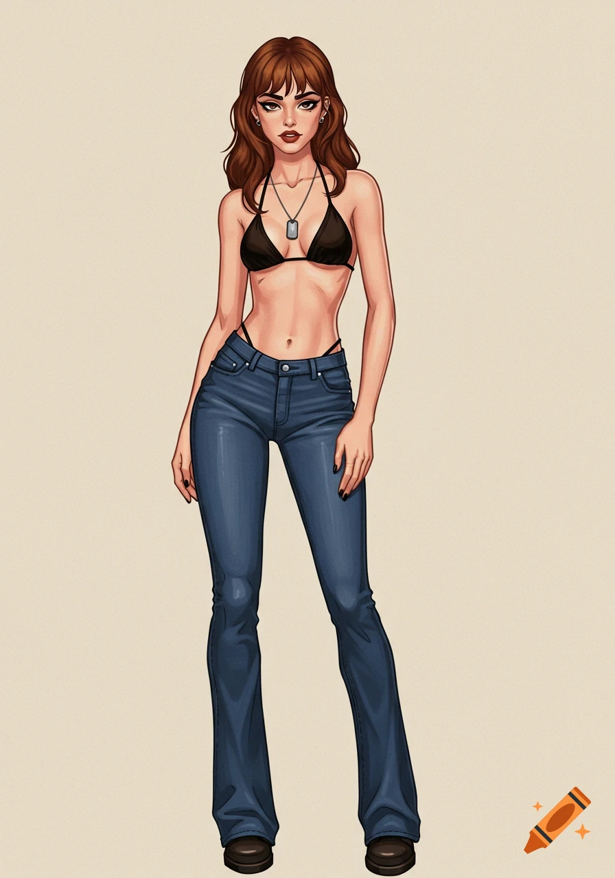 A cel-shaded cartoon woman with auburn hair, wearing a black bikini top, low-rise bootcut jeans, and a dog tag necklace, standing confidently.