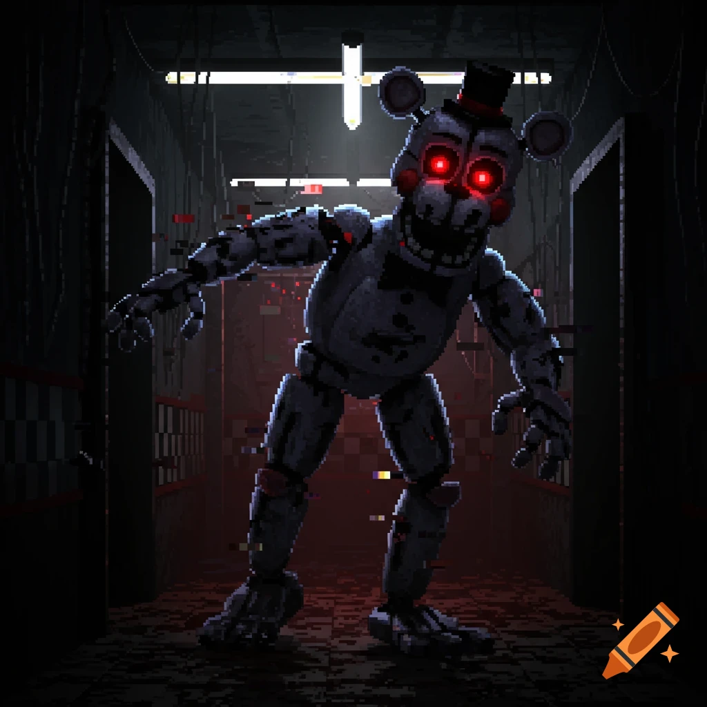 Pixel art of a dark gray animatronic bear with red glowing eyes and a top hat, standing in a dim, glitchy hallway.