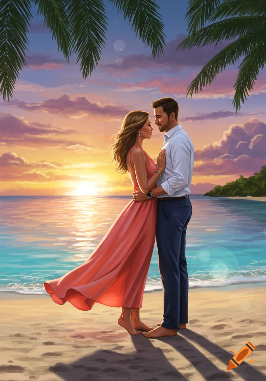 Illustrative painting of a romantic couple embracing on a tropical beach at sunset, with palm leaves framing the sky.