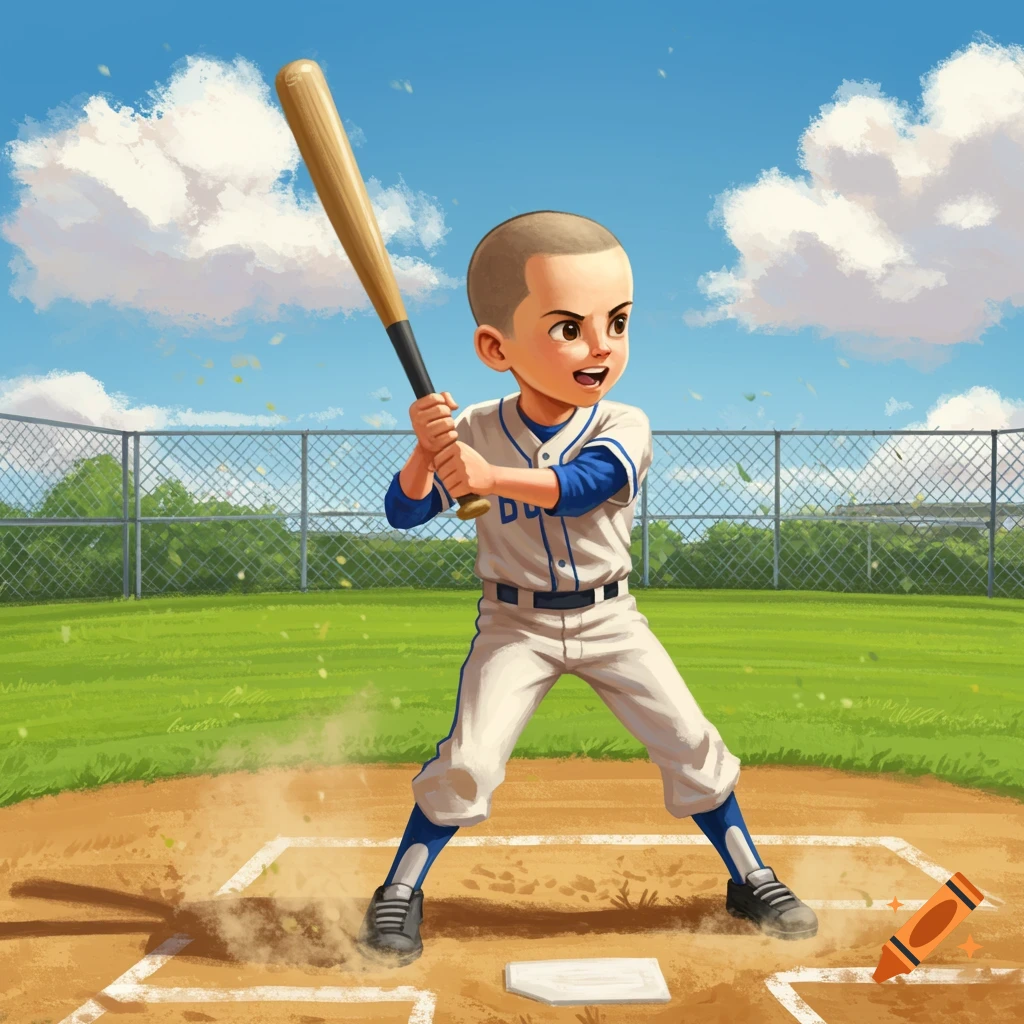 A cartoon illustration of a young boy in a baseball uniform, holding a bat at home plate on a sunny field.