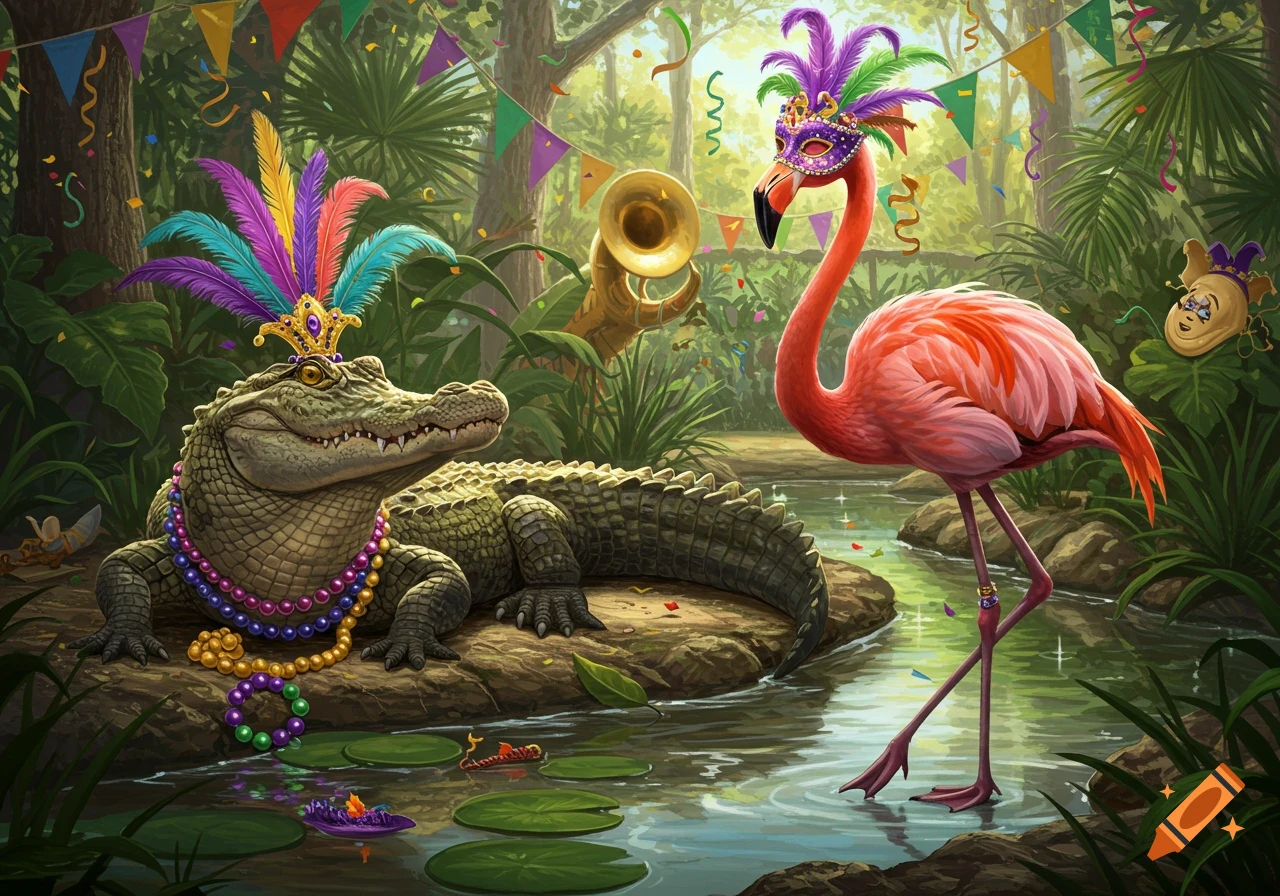 A whimsical illustration of a smiling alligator and a flamingo in festive Mardi Gras crowns and beads in a lush jungle.