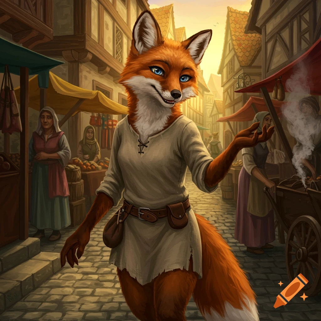 A mischievous anthropomorphic fox in medieval commoner garb stands in a bustling market street.