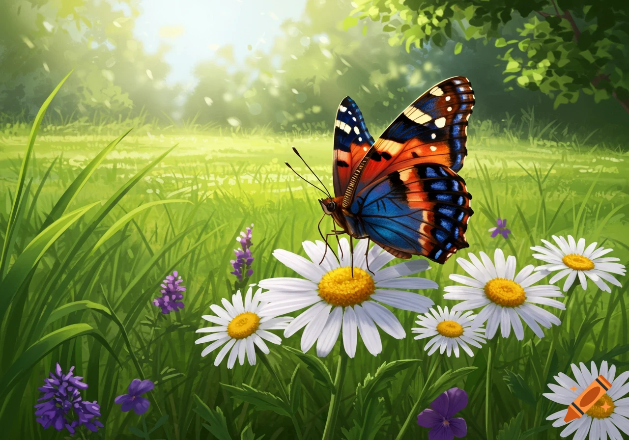 A vibrant butterfly with orange, blue, and black wings rests on white daisies in a sunlit green field with purple flowers, in an illustrative style.
