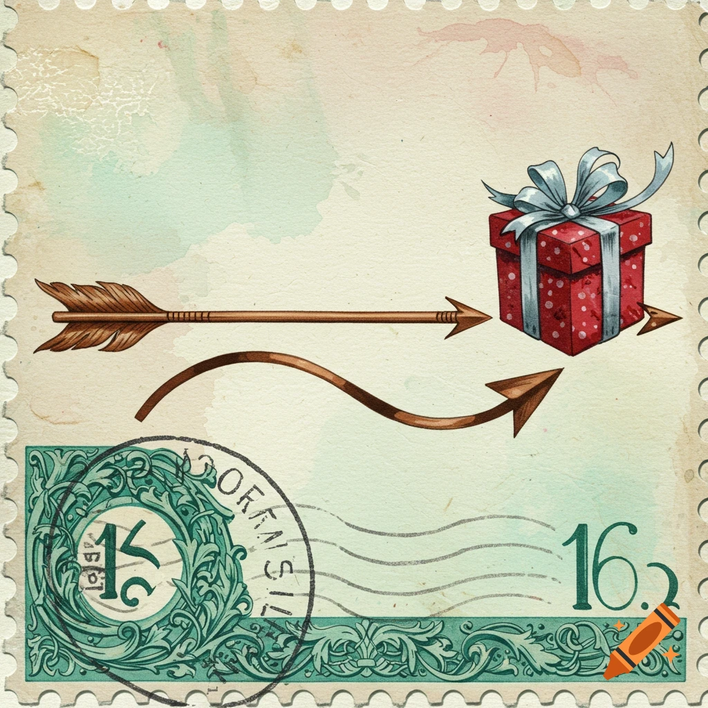 A vintage-style postage stamp illustration featuring a brown arrow pointing towards a red gift box with a silver bow. The stamp has a postmark and numbers.