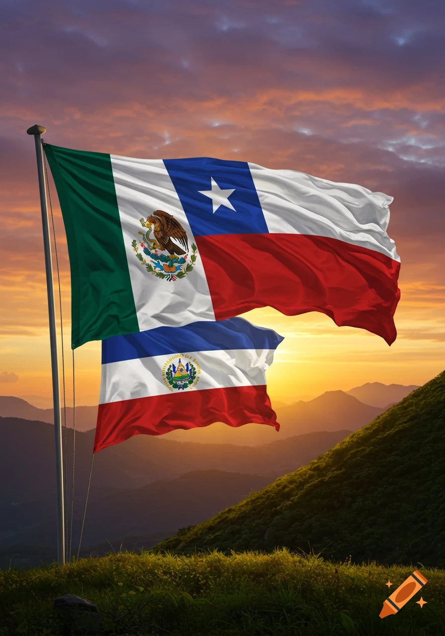 The flags of Mexico, Chile, and El Salvador wave on a flagpole above a lush green mountain with a vibrant sunset in the background.
