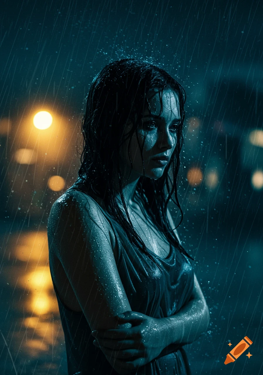 A melancholic woman with wet hair and clothing stands in heavy rain at night, illuminated by dramatic blue and orange light.