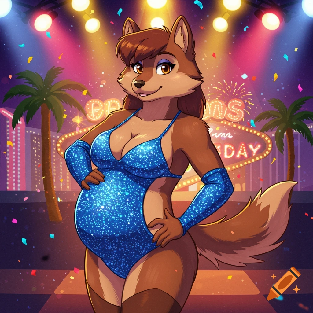 A cartoon anthropomorphic pregnant brown wolf in a sparkling blue showgirl bikini poses in front of a neon Las Vegas sign.