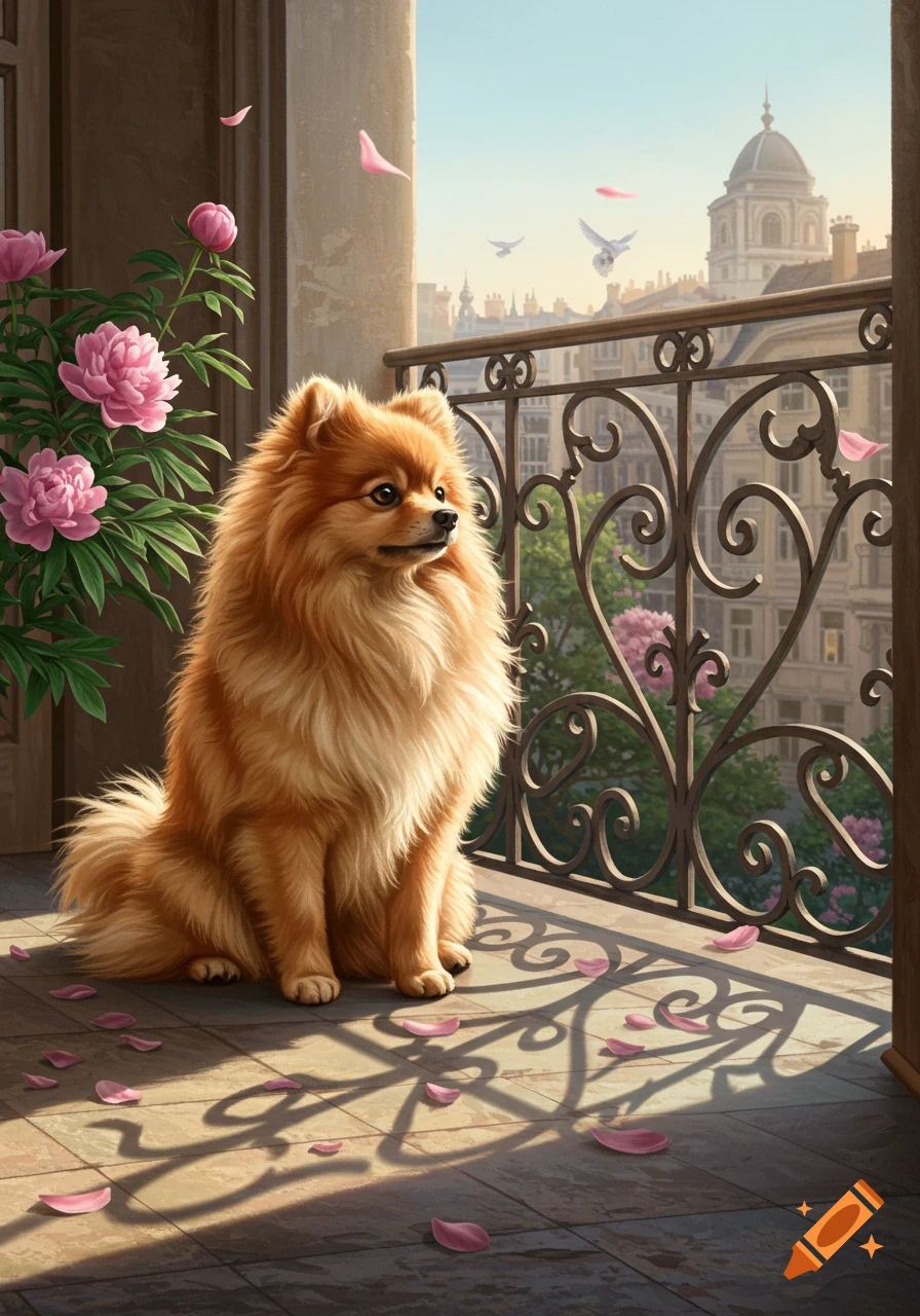 A fluffy Pomeranian dog sits on a balcony with pink peonies, gazing at a cityscape. Realistic illustration.