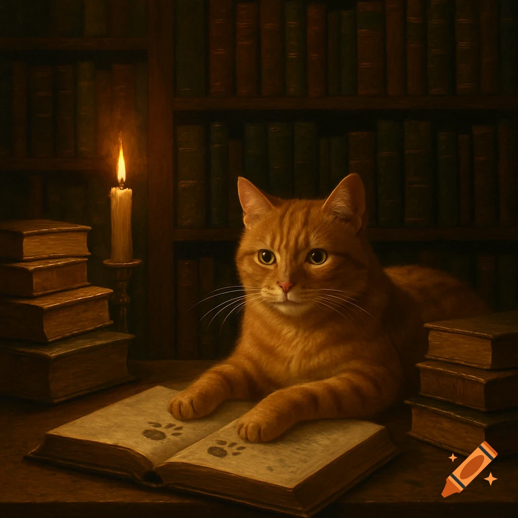An orange tabby cat sits on an open book with paw prints, next to a lit candle and stacks of books in a cozy, dimly lit library.