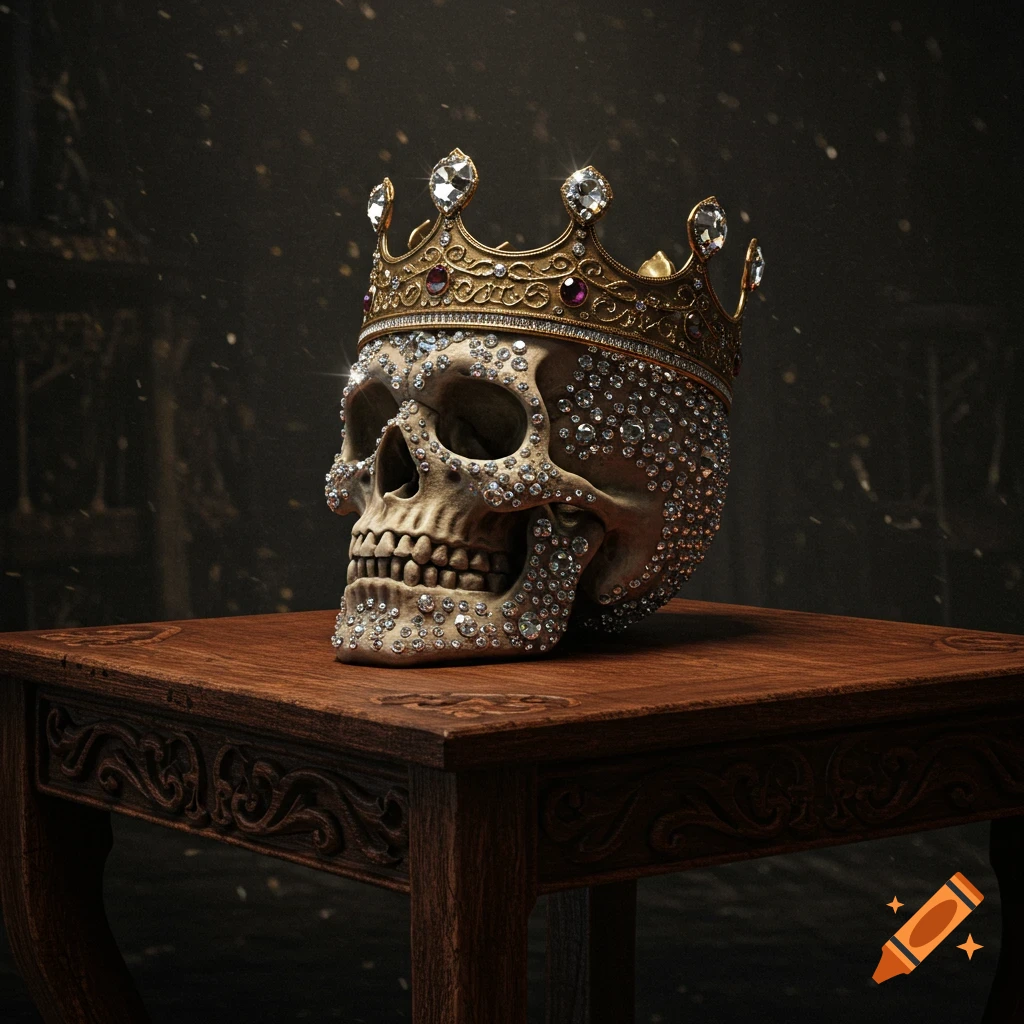 A diamond-studded skull wearing a gold crown sits on an intricately carved wooden table, in a dark fantastical 3D art style.