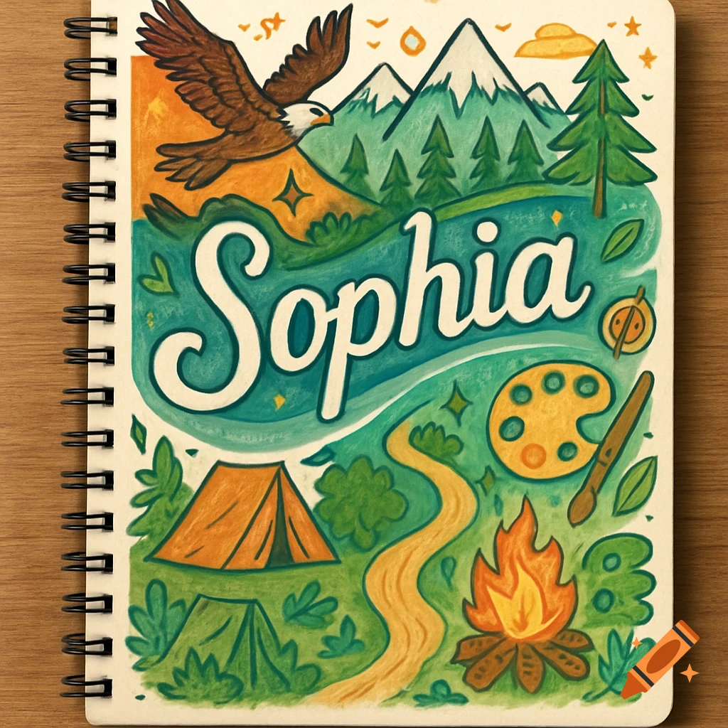 A whimsical, colorful illustration on a notebook cover featuring the name 'Sophia', an eagle, mountains, trees, a tent, and a campfire.