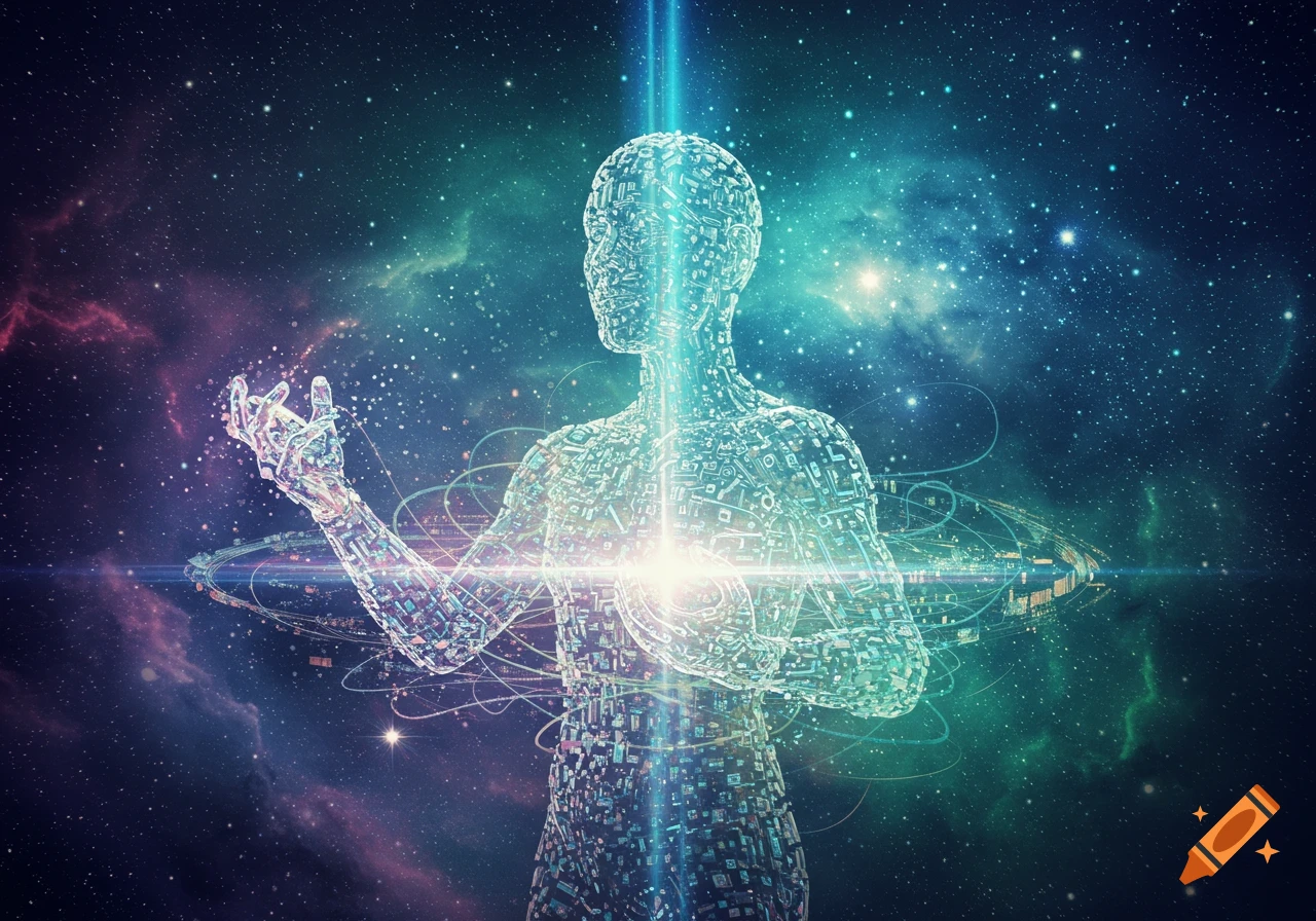 A glowing, translucent human figure made of circuit boards stands in deep space, emitting light from its chest and head.