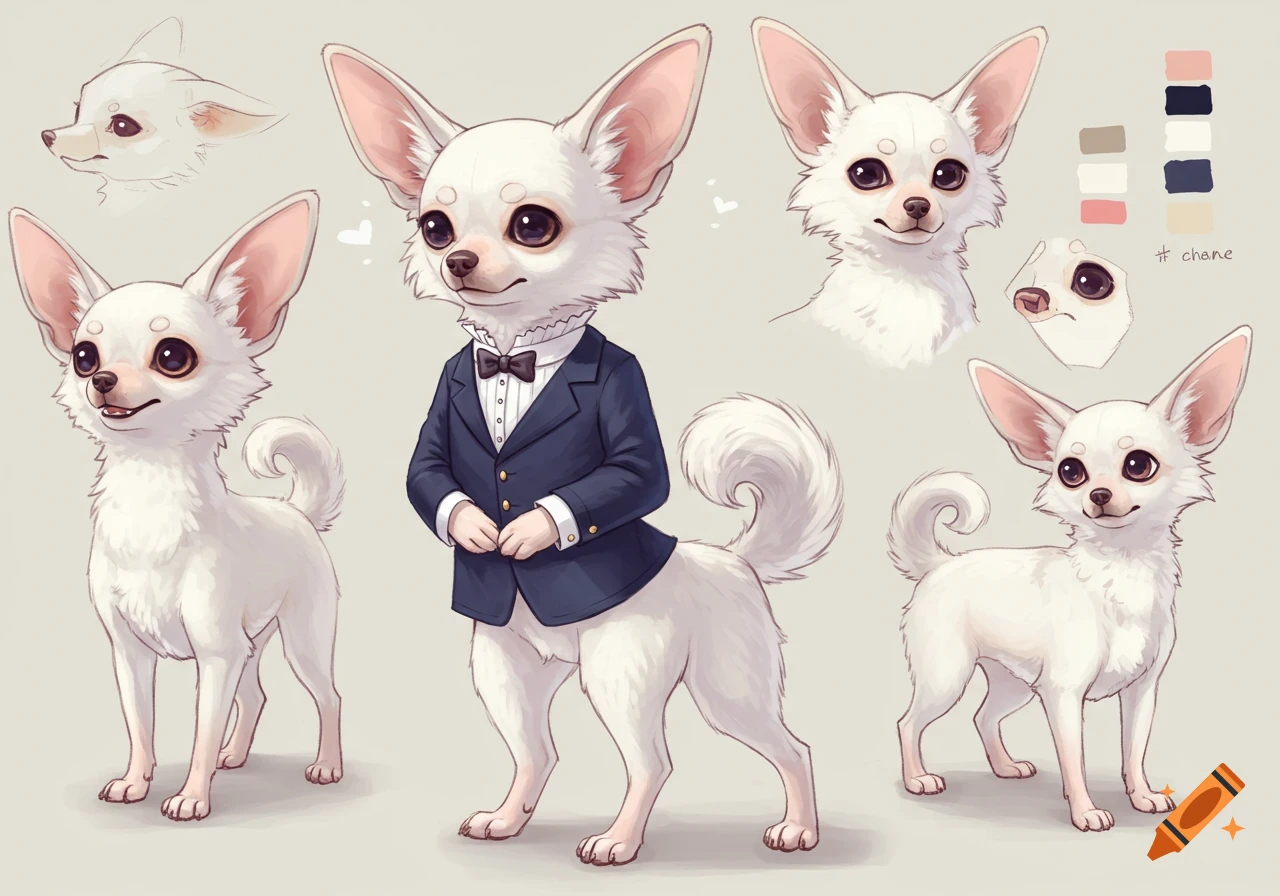 Cartoon reference sheet of a white chihuahua wearing a suit and bow tie, with various poses, head sketches, and a color palette.