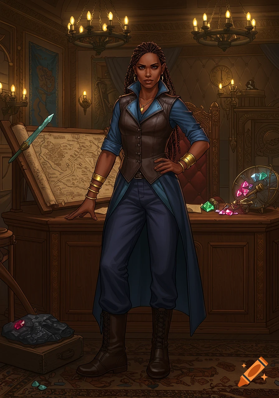 A dark-skinned female rogue with braids and a leather vest stands by a desk with a map and gems in a fantasy chamber.