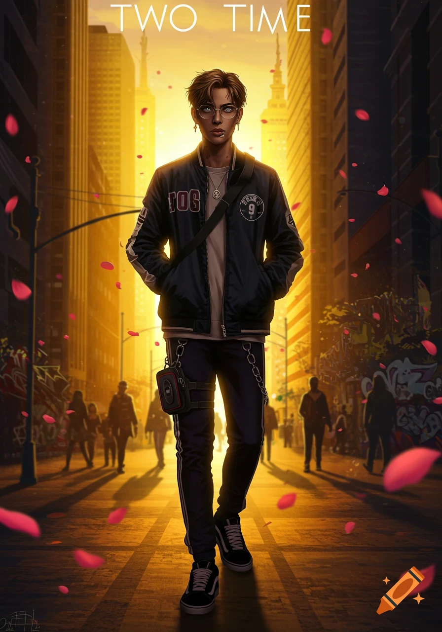A stylish young man in a black bomber jacket and glasses walks on a golden-lit city street at sunset with rose petals falling, 'TWO TIME' text at top, digital art.