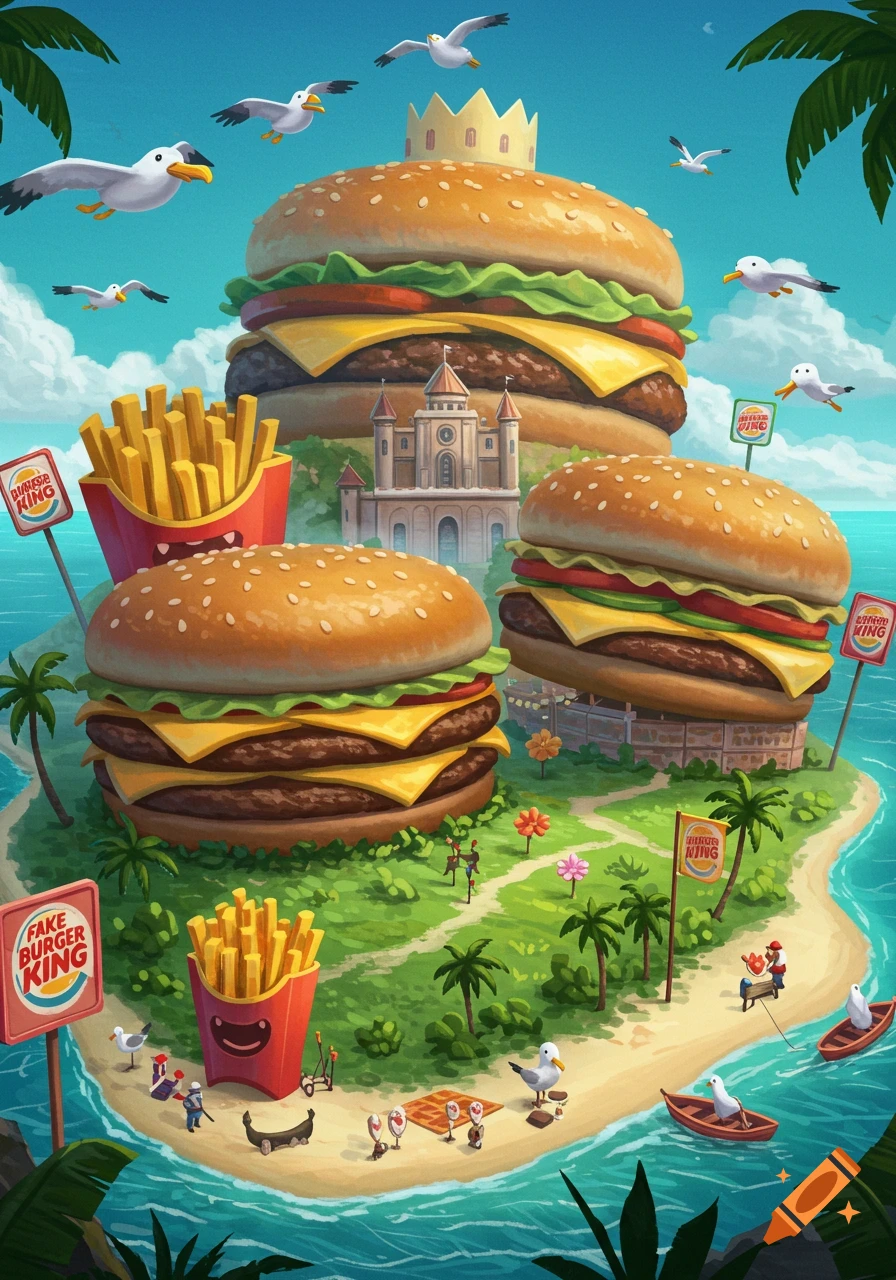 A whimsical cartoon island shaped like a burger, with other burgers, fries, and tiny people. Signs say "Fake Burger King" and garbled text. Seagulls fly above.